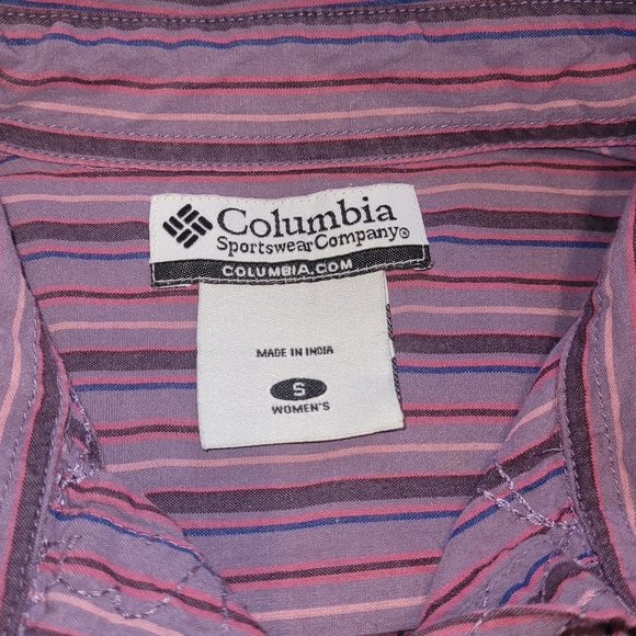 Columbia Purple Striped Button-Down Shirt w/ Floral Embroidery & Tie Sleeves Sm. - Picture 14 of 16